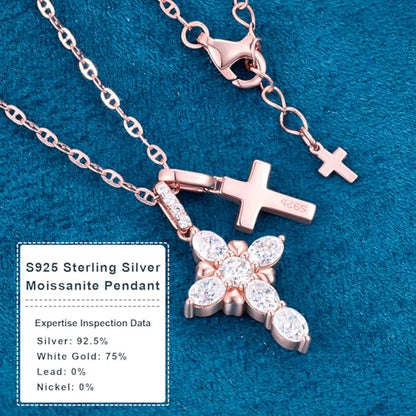 Moissanite Double Cross Necklace, Women Moissanite Diamond Cross Pendant - color: Rose Gold(Iced+Polished)