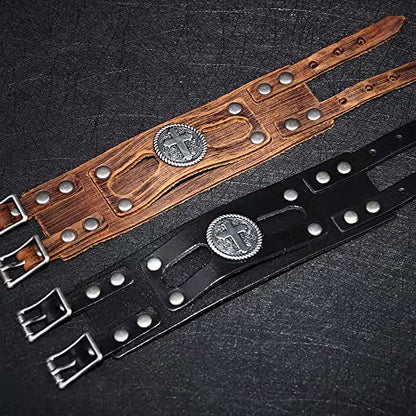 NIGHTCRUZ Wide Leather Bracelet with Cross, Medieval Leather Cuff Wristband for Mens - color: Brown