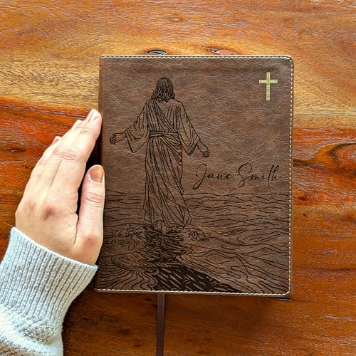 Personalized NIV Journal the Word Bible – Double Column Brown Leathersoft Faux Leather | Custom Name Engraved | Red Letter Comfort Print Edition with Wide Margins for Notes & Reflections (Jesus on W) - style: Jesus on Water