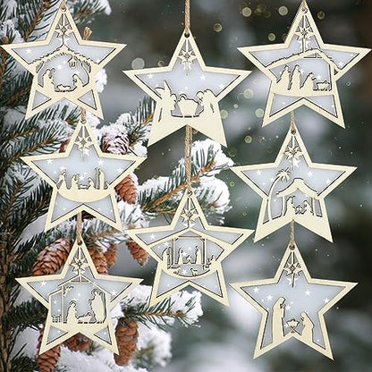 Bucherry 8 Pcs Christmas Nativity Scene Ornaments Wood Christmas Hanging Ornament Acrylic 3D Cut File Ornament Nativity Scene Keepsake for Xmas Tree Birth of Jesus Decoration(Star) - style: Star