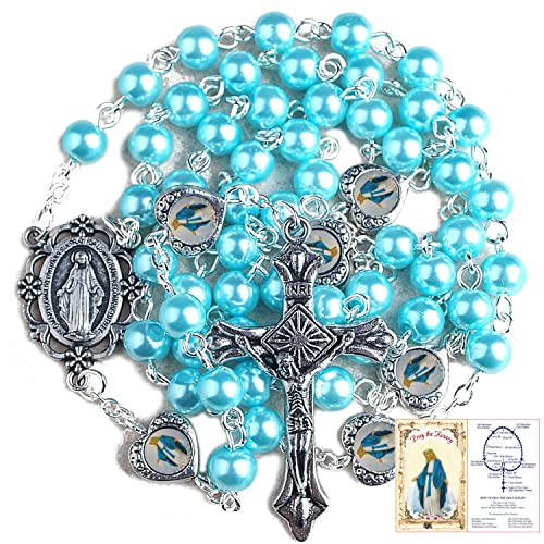 HanlinCC Catholic Miraculous Rosary Glass Pearl Beads Pray Card & Gift Bag - color: Blue