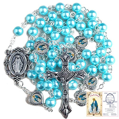 HanlinCC Catholic Miraculous Rosary Glass Pearl Beads Pray Card & Gift Bag - color: Blue