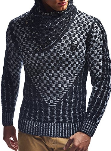 Leif Nelson Men’s Knitted Pullover | Long-Sleeved Slim fit Shirt | Basic Sweatshirt with Shawl Collar and Faux Leather - color: Black Ecru, size: 4X-Large
