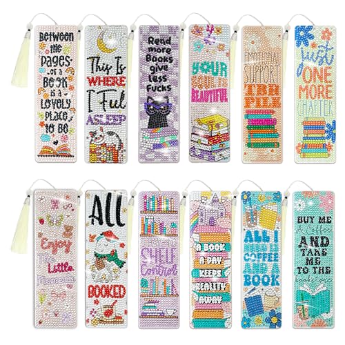 12 Pcs DIY Book Lovers Diamond Art Bookmarks for Adults Women Beginners Acrylic Dotz Kit Diamond Painting 5d Floral Rhinestone Bookmarks Diamond Art Book Marks with Tassels Crafts Supply - style: Booklover