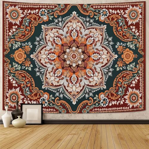 Motanber Vintage Mandala Tapestry Wall Hanging Boho Floral Tapestry Aesthetic Bohemian Flower Hippie Retro Indian Cute Large Tapestries for Bedroom Living Room Dorm Wall Decor 80 x 60 Inch - color: Dark Red Green, size: 80"L x 60"W