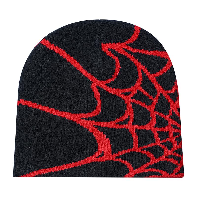 Unisex Stretch Warm Winter Skull Cap, Cold Weather Knit Beanie - color: Red Spider Web Pattern