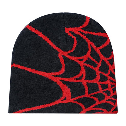 Unisex Stretch Warm Winter Skull Cap, Cold Weather Knit Beanie - color: Red Spider Web Pattern