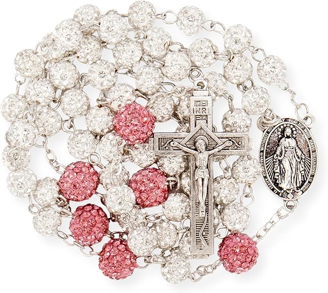 Nazareth Store Rhinestones Crystal Beads Rosary, Catholic Rosary Necklace with Silver Miraculous Medal INRI Crucifix, Multicolor Rosaries in a Gift Case - color: White with Pink Beads