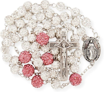 Nazareth Store Rhinestones Crystal Beads Rosary, Catholic Rosary Necklace with Silver Miraculous Medal INRI Crucifix, Multicolor Rosaries in a Gift Case - color: White with Pink Beads