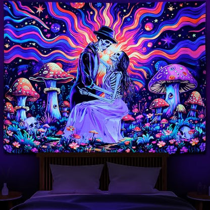 Heopapin Blacklight Skull Lovers Tapestry UV Reactive Mushroom Wall Hanging Fantasy Galaxy Space Tapestries Neon Flowers Plant Wall Hanging Tapestry for Bedroom 92.5L x 70.8W - color: skeleton, size: 92.5"L x 70.8"W