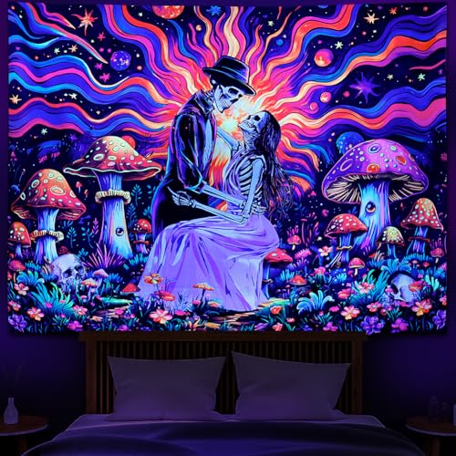 Heopapin Blacklight Skull Lovers Tapestry UV Reactive Mushroom Wall Hanging Fantasy Galaxy Space Tapestries Neon Flowers Plant Wall Hanging Tapestry for Bedroom 92.5L x 70.8W - color: skeleton, size: 92.5"L x 70.8"W