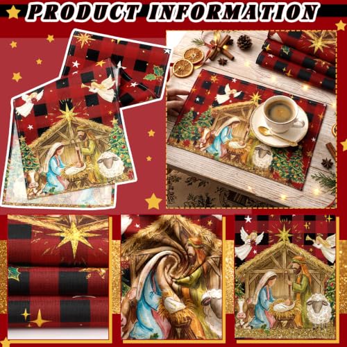 Patelai 7 Pcs Christmas Nativity Table Runner and Placemats Set, Serve 6 - color: Red Yellow, style: Nativity