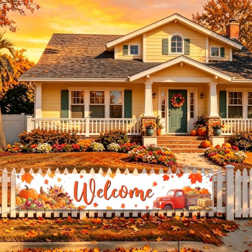 Welcome Fall Banner Happy Fall Yard Banner Pumpkin Red Truck Outdoor Decor - color: Welcome Red Car