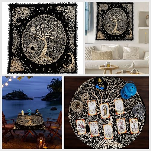 Indian Consigners Tree of Life Altar Cloth Tapestry Tablecloth Celtic Trees Ritual Spiritual Cloth for Sacred Places, Cotton Square Tarot Table Cover 18 by 18 Sacred - color: Golden Celestical Dry Tree, size: 18" x 18" (Square)