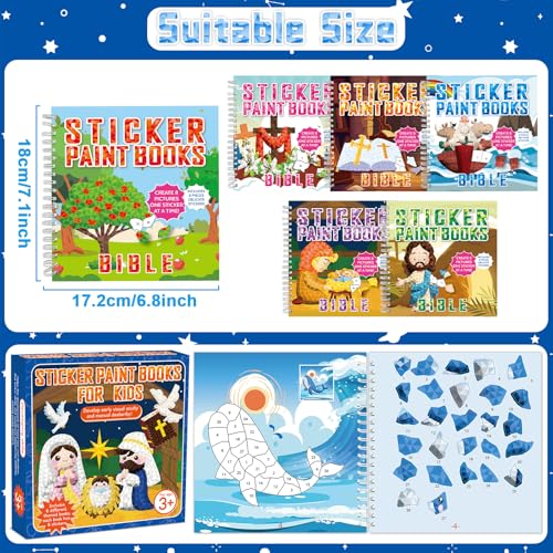 6PCS Bible Paint by Stickers for Kids Ages 4-8 VBS Crafts Sticker by Number Puzzle Activity Book Christian Gift Sunday School DIY Art Kit with Religious Jesus Nativity Tree Noah’s Ark 48 Pictures - style: Bible