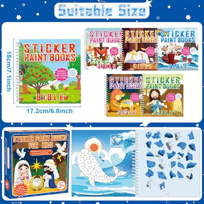 6PCS Bible Paint by Stickers for Kids Ages 4-8 VBS Crafts Sticker by Number Puzzle Activity Book Christian Gift Sunday School DIY Art Kit with Religious Jesus Nativity Tree Noah’s Ark 48 Pictures - style: Bible