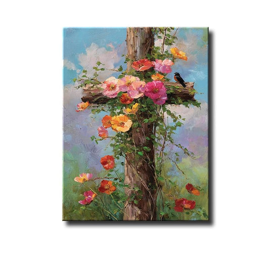 Rustic Wooden Cross Floral Oil Painting Canvas Wall Art Bird Decor - color: 022, size: 12"L x 8"W