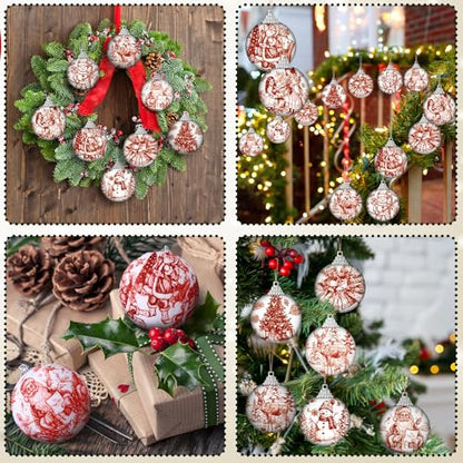 Outus 16pcs Red Toile De Jouy Santa Snowman Christmas Ball Tree Ornaments - color: Red Christmas, size: 2.17''