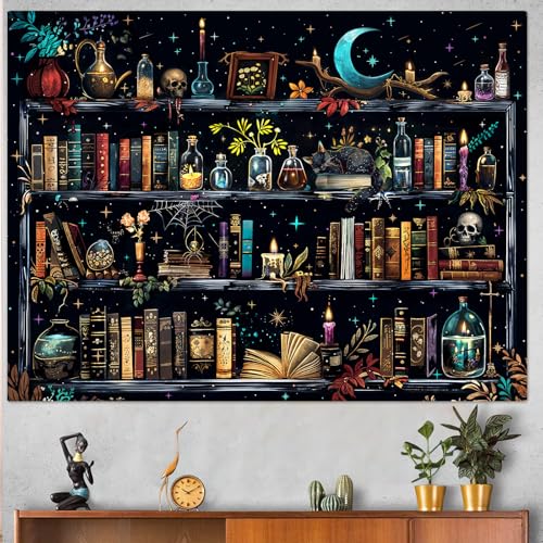 Accnicc Magic Bookshelf Tapestry Magical Witchy Potion Dark Hippie Haloween Tapestries Wall Hanging Gothic Skull Black Cat Library Book Small Tapestry for Bedroom Living Room Dorm 60 x 44 inch - color: Blue, size: 60"L x 44"W
