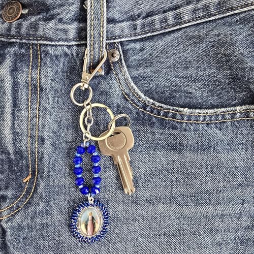 Sabeli Handmade Keychain Clip Holder - Catholic Rosary Bead Prayer - Religious Gifts Men Women - Llavero Catolico Regalo - color: Virgin Mary Royal Blue