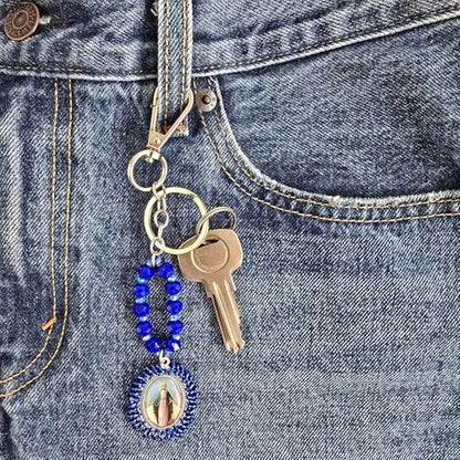 Sabeli Handmade Keychain Clip Holder - Catholic Rosary Bead Prayer - Religious Gifts Men Women - Llavero Catolico Regalo - color: Virgin Mary Royal Blue
