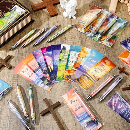 30 Sets Christian Bible Verse Pens Gifts Bulk Pens Bookmarks Religious Favors Prayers Christian Women Gifts Bulk Church Items Scripture Black Ink Ballpoint Stylus Pen(Landscape Style) - style: Landscape Style