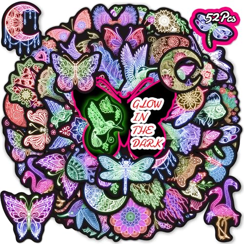 Glow in The Dark Holographic Neon Animal Water Bottle Stickers for Kids, 50 Pcs Colorful Moon Butterfly Flower Laptop Decals, Teens Adults Waterproof Vinyl Mugs Phone Helmet Personalized Decor - color: Luminescent-135kshr