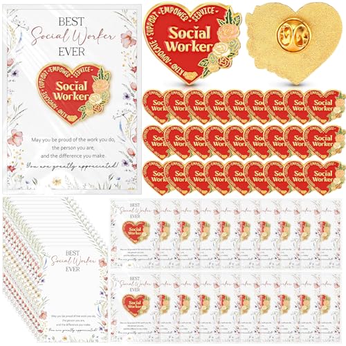 30 Set Social Worker Appreciation Gifts Bulk Volunteer Inspirational Lapel Pin Thank You Cards with Bag Social Work Month Gifts for Teacher Nurse Team Staff Employee
