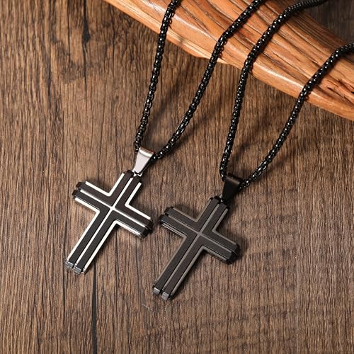 Wooden Cross Necklace for Men, Natural Ebony Mens Cross Necklaces Black Stainless Steel Christian Wood Crucifix Pendant，with Necklace 24" Box Chain - color: Silver-Inlaid Ebony
