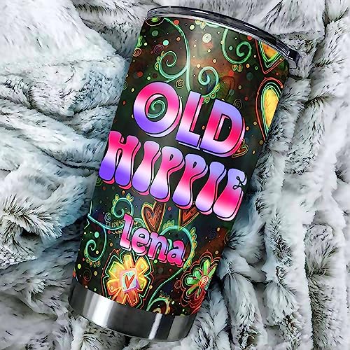 Personalized Old Hippie Tumbler Stainless Steel Travel Mug Coffee Insulated Cup With Lid Retro Style Custom Name Cute Gifts For Girl Women Men Peace Sign Colorful Print - color: Hippie