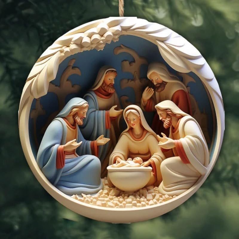 6 Pack Nativity Scene Ornaments for Christmas Tree, 3.15'' 3D-Printed Flat Acrylic Hanging Decor, The Birth of Jesus Religious Keepsake Gift for Christian Family