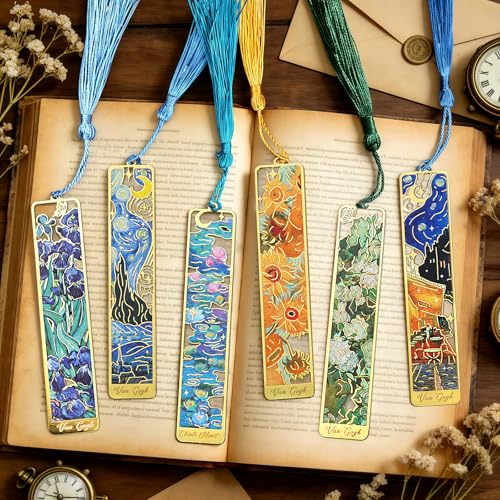 Esoes 6-Pack Metal Bookmarks with Tassels, Gold-Tone Oil Painting Designs