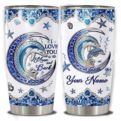 WAZONE Personalized Dolphin Tumbler With Lid Customized Name Jewelry Style Blue Moon Stainless Steel 20oz 30oz Insulated Tea Cup Gift Christmas Birthday for Daughter Women Sister Best Friend - color: Dolphin