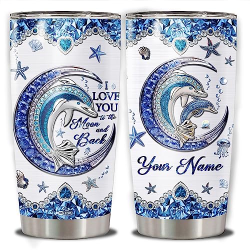 WAZONE Personalized Dolphin Tumbler With Lid Customized Name Jewelry Style Blue Moon Stainless Steel 20oz 30oz Insulated Tea Cup Gift Christmas Birthday for Daughter Women Sister Best Friend - color: Dolphin