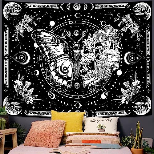 Fungarth Skeleton Butterfly Tapestry Black and White Skull Mushroom Plants Tapestries Hippie Aesthetic Tapestry Wall Hanging for Bedroom Living Room Dorm (Black, 90” x 68”) - color: Black, size: 90"L x 68"W