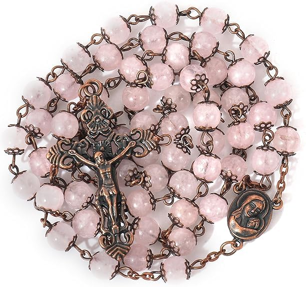 Nazareth Store Natural Stone Beads 8mm Rosary Necklace Antique Copper Design Holy Soil Medal & Cross in Velvet Bag - Catholic Rosaries Terra Santa Jerusalem Collection - color: Rose Quartz