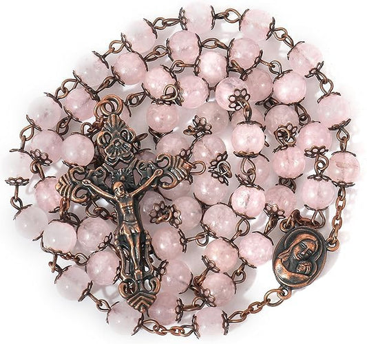 Nazareth Store Natural Stone Beads 8mm Rosary Necklace Antique Copper Design Holy Soil Medal & Cross in Velvet Bag - Catholic Rosaries Terra Santa Jerusalem Collection - color: Rose Quartz