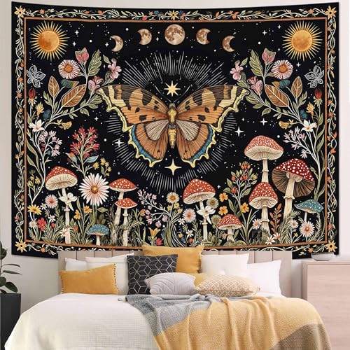 Accnicc Boho Butterfly Tapestry Mushroom Sun and Moon Hippie Wall Tapestry for Bedroom Aesthetic Vintage Floral Plant Large Tapestries Wall Hanging for Dorm Living Room Decor 80 x 60 Inch - color: Brown Black, size: 80"L x 60"W
