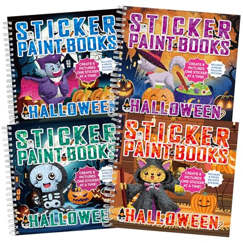 4Pcs Halloween Paint by Sticker Books Halloween Pumpkin Ghost Witch Sticker by Number Books Activity Book Puzzle Book Craft Art Gift Holiday Party Favors Create 32 Pictures - style: Halloween