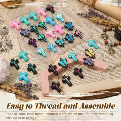 Tondiamo 60 Pcs Cross Silicone Focal Beads for Pens Bulk Jesus Faith Easter Cross Beads for Beadable Pen Keychain Jewelry Bracelet Making DIY Crafts - style: Cross