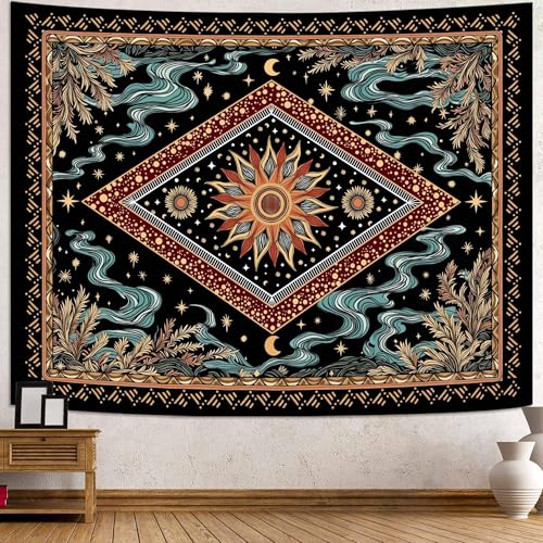 Faxdong Boho Sun Tapestry, Aesthetic Celestial and Fusion Tapesries with Cyan Clouds and Plant,Vintage Mystic Decor for Bedroom, Meditation Living Room or Dorm - color: multicolor2, size: 48"L x 36"W