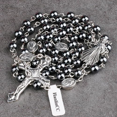 HanlinCC Divine Mercy Catholic Rosary Necklace with Steel Gift Box - color: Hematite Divine Mercy