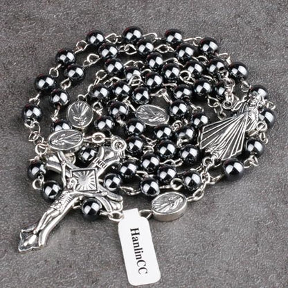 HanlinCC Divine Mercy Catholic Rosary Necklace with Steel Gift Box - color: Hematite Divine Mercy