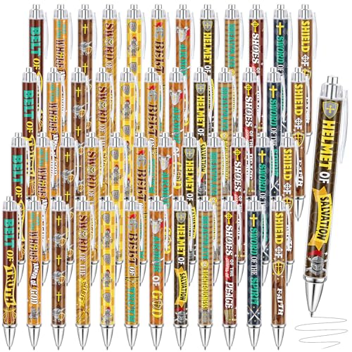 Dispowreath 48 Pcs Armor of God Party Favors Medieval Knight Pens Bulk Religious Christian Bible Verse Ink Ballpoint Pens Retractable Smooth Writing Supplies for Classroom Office Sunday School Church - style: God