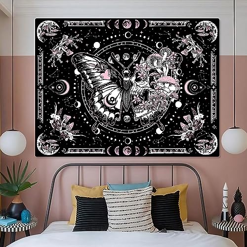 Fungarth Skeleton Butterfly Tapestry Pink Skull Hippie Mushroom Plants Tapestry for Bedroom Moon phase Aesthetic Tapestries Wall Hanging for Living Room Dorm (Pink, 48” x 36”) - color: Pink, size: 48"L x 36"W
