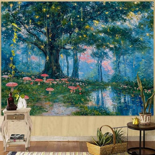 Haibimen Monet Nature Forest Tapestry Wall Hanging Green Tree Mushroom Landscape Tapestries for Bedroom Watercolor Aesthetic Wallpaper Decor for Living Room (forest-1, 80''×60'') - color: green blue, size: 80"L x 60"W