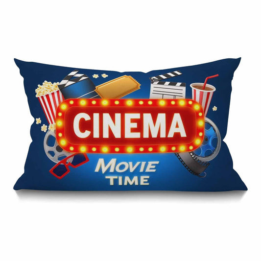 Cinema Movie Time Throw Pillow Cover,Popcorn Drink Clapping Board and Other Objects On Cinematograph Lumbar Cotton Linen Throw Pillow case Cushion Cover for Sofa Home Decorative Oblong 12x20 Inches - color: Md004