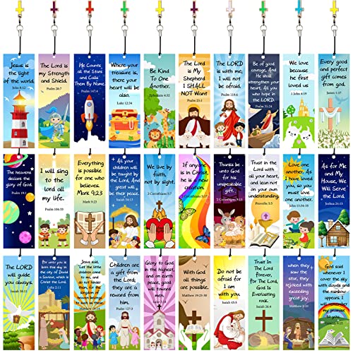 30 Pcs Christian Bible Verse Bookmarks for Kids with Cross Pendants