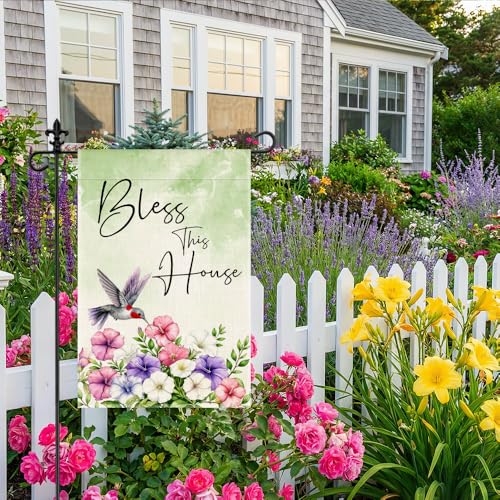 Bless This House 12 x 18 Inch Double Sided Hummingbird Garden Flag - color: Green
