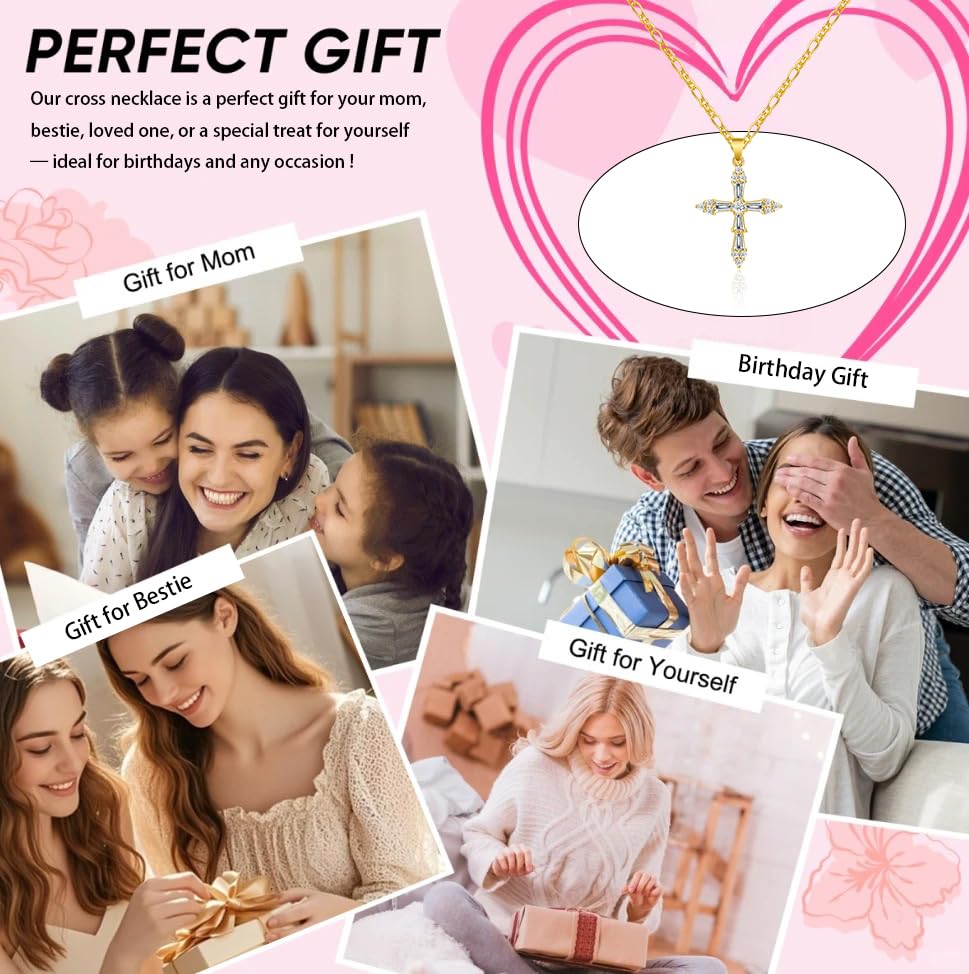 14K Gold Plated Cross Necklace for Women, Christian Jewelry - style: 4-CZ